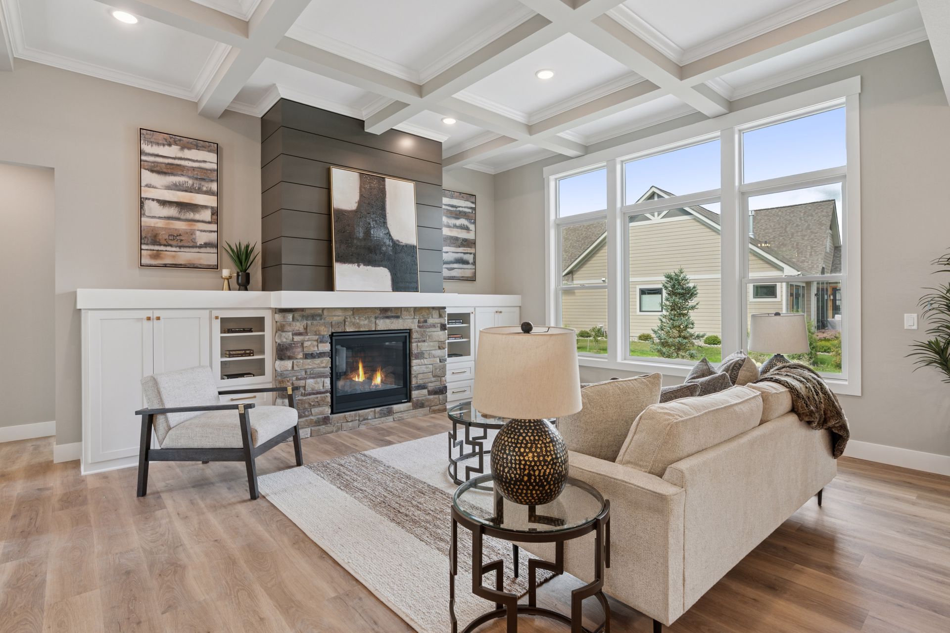 Contemporary media wall design with fireplace and storage built-ins