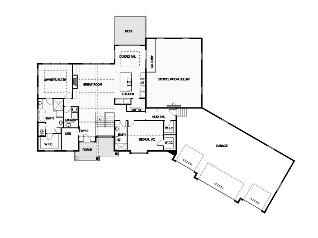 Main Floor Plan features vaulted great room, owner's suite, front porch, deck, den office, kitchen with walkin pantry, laundry room, additional bedroom, foyer, mud room, 4 car garage
