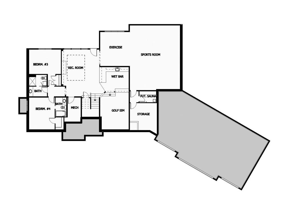 Lower Level Floor Plan features indoor sports room, media area, huge wet bar, exercise room, 2 additional bedrooms and baths, mechanical and storage